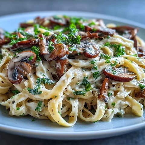 Steaming Creamy Mushroom Stroganoff topped with fresh parsley, highlighting sautéed cremini mushrooms and a luscious sour cream sauce.