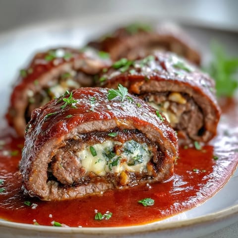 Golden brown Sicilian-Style Braciole resting in a rustic pot, smothered in chunky marinara and finished with fresh grated pecorino.