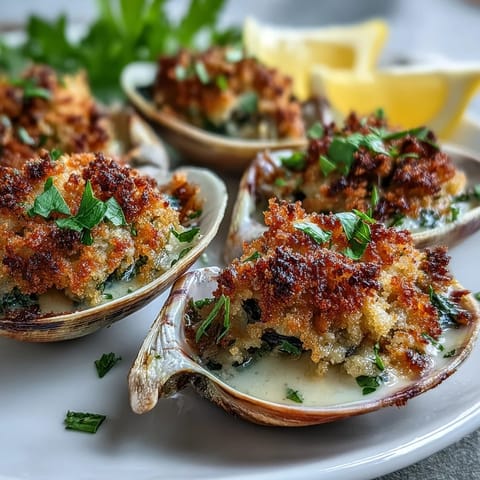 Juicy baked clams topped with crisp lemon-parsley breadcrumbs, perfect as a bright, savory appetizer for four.