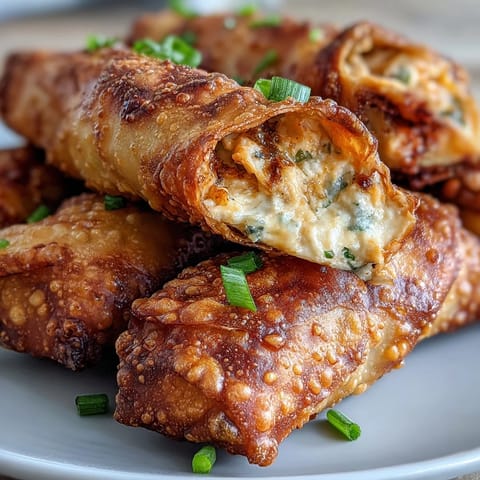 Freshly fried Buffalo Chicken Dip Egg Rolls rest on a cooling rack, steam rising from the crunchy, orange-tinted wrappers.