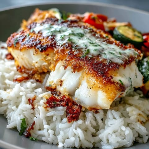 Zesty lemon sauce brightens the golden pan-seared fish nestled on fluffy rice with roasted zucchini and peppers in a vibrant bowl.