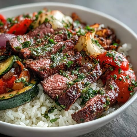 Golden-brown sheet pan steak and veggie bowl with roasted bell peppers, zucchini, and fluffy rice, garnished with fresh parsley and lemon wedges.