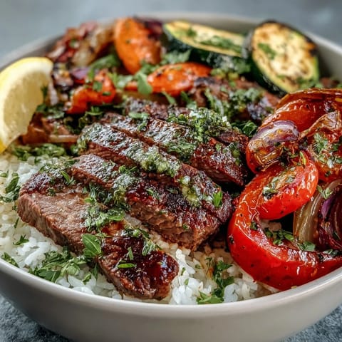 Sizzling sirloin steak and colorful roasted vegetables atop steamed rice in a single-pan meal, drizzled with savory soy sauce for an easy dinner.