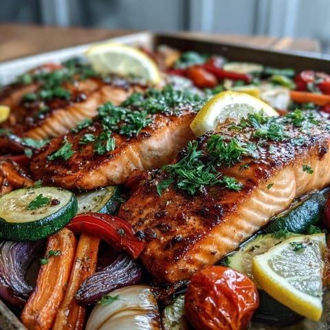 Fork-tender roasted salmon and caramelized vegetables from the Sheet Pan Salmon and Veggies Bowl recipe, garnished with fresh parsley.