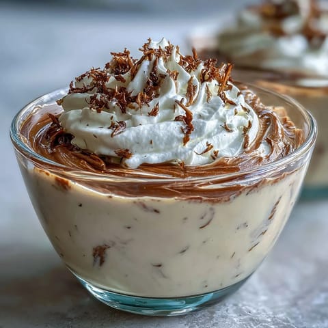 Silky Hojicha Pudding layered with whipped cream and cocoa powder in a clear glass, showcasing the rich brown custard.