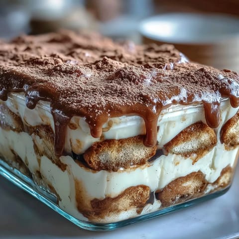 A rich slice of Hojicha Tiramisu with toasty roasted tea notes on a rustic wooden table. 