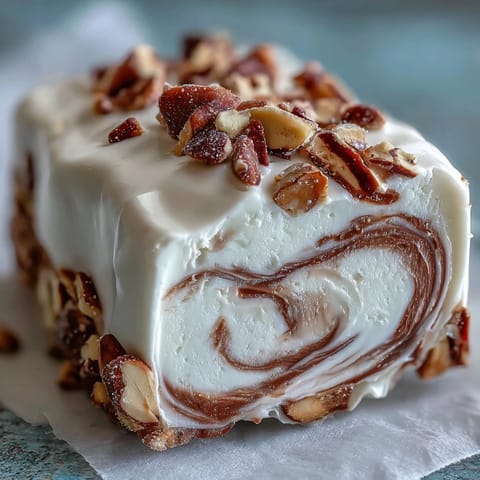 Freshly cut Hojicha Nougat squares topped with crushed pistachios on edible wafer paper.