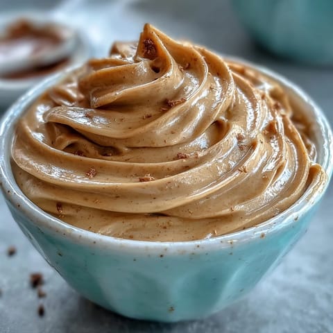 Creamy Hojicha pastry cream in a glass bowl, spoon showing smooth, thick texture. 