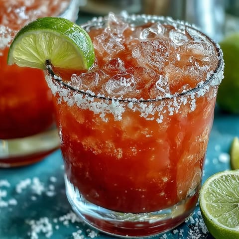Two vibrant Best Guava Margarita cocktails in salt-rimmed glasses stand against a pastel backdrop, filled with ice and garnished with fresh lime wheels.