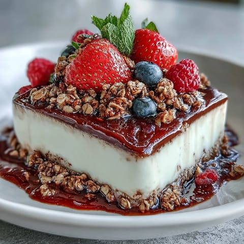 A glass dessert showing Hojicha Panna Cotta Parfait topped with macerated strawberries, blueberries, and textured oat granola for a sweet finish.
