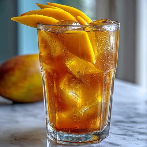 Homemade mango iced tea poured over ice with a spoon.