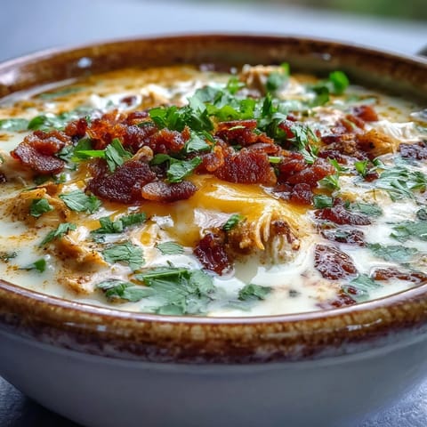 Creamy Spicy Jalapeño Popper Chicken Soup in a rustic bowl topped with crumbled bacon and cilantro.
