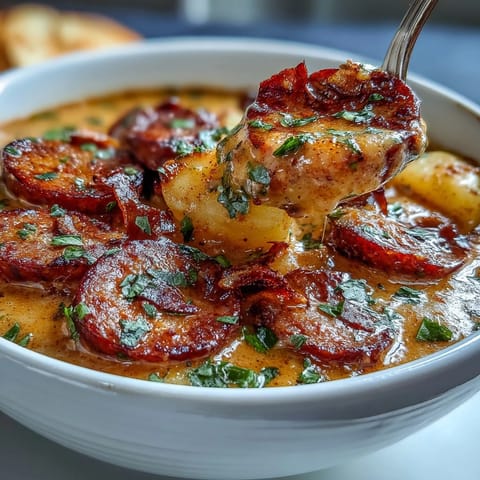 Creamy Cajun Potato Soup with Andouille Sausage steaming in a rustic bowl, topped with green onions.