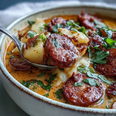 Ladle of Creamy Cajun Potato Soup with Andouille Sausage, garnished with fresh chives and cheese.