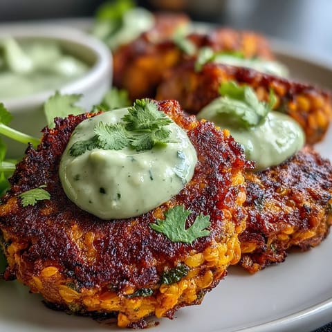 These golden-brown Crispy Sweet Potato & Red Lentil Patties are stacked high on a white plate. 