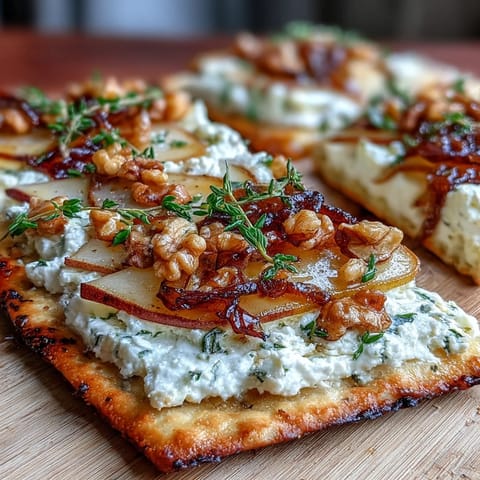 Fresh pear slices and thyme garnish a crisp flatbread spread with ricotta and goat cheese, served warm from the oven.