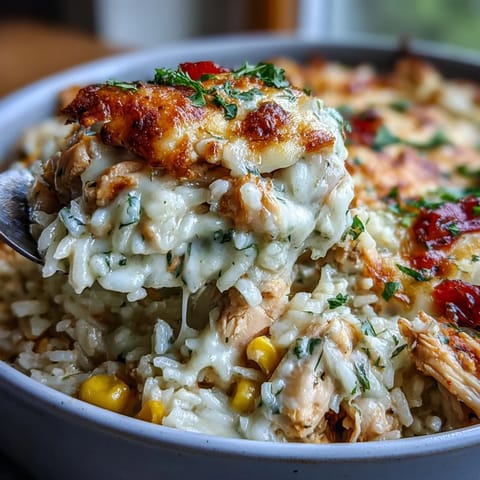 Steam rises from a serving of Creamy Garlic Chicken & Rice Casserole, revealing a rich, cheesy, and savory texture.
