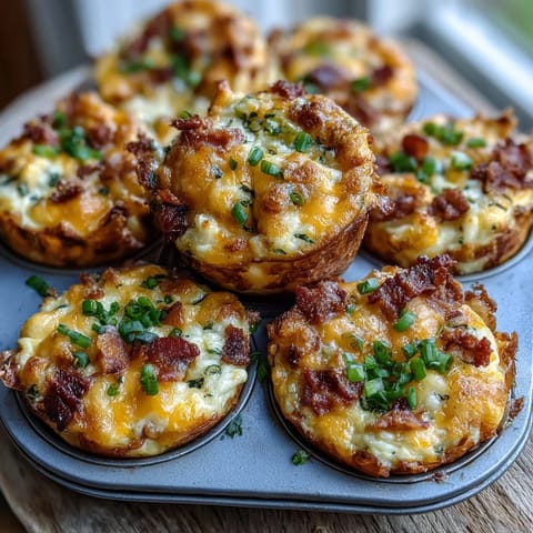 Golden-brown, puffy Ranch Bacon Breakfast Egg Bites are fresh from the oven, showcasing melted cheddar cheese and crispy bacon bits in a nonstick muffin tin.