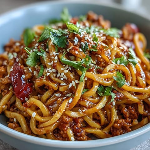 A close-up of colorful Korean turkey fried noodles with crisp vegetables and savory ground turkey in a wok.
