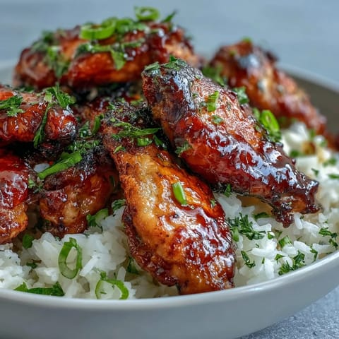 Golden-baked Honey Garlic Chicken Wings with sticky glaze piled high on fluffy, buttery rice, garnished with green onions and parsley.