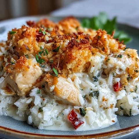 Golden-brown Creamy Garlic Chicken & Rice Casserole reveals tender chicken and peas in rich, cheesy garlic sauce under the spoon.