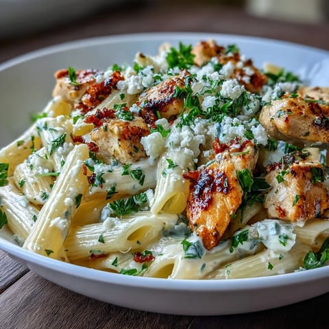 A hearty serving of Creamy Lemon Feta Chicken Pasta with extra crumbled feta and lemon zest.