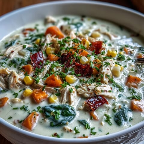 Creamy Ranch Chicken Veggie Soup with tender shredded chicken, potatoes, corn, and spinach in a cozy bowl.