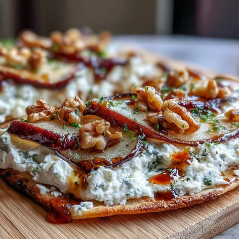 Crispy baked Goat Cheese & Pear Flatbread with Hot Honey drizzled over pears and creamy cheese, ready to slice.