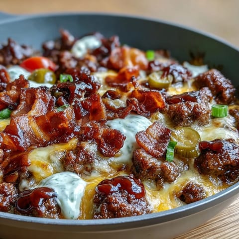 Fresh green onions and sesame seeds garnish this hearty Keto BBQ Bacon Cheeseburger Skillet served with a side salad.