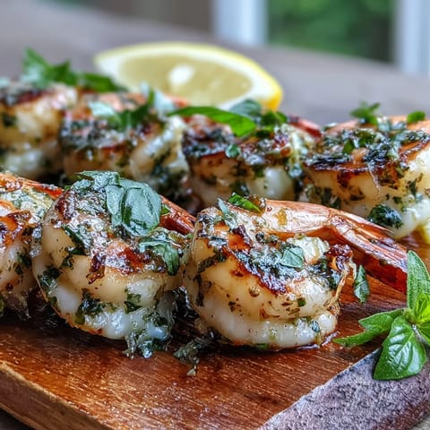 Golden-brown Light Lemon Herb Grilled Shrimp Skewers sizzling on a grill, with fresh lemon wedges and chopped parsley on the side.