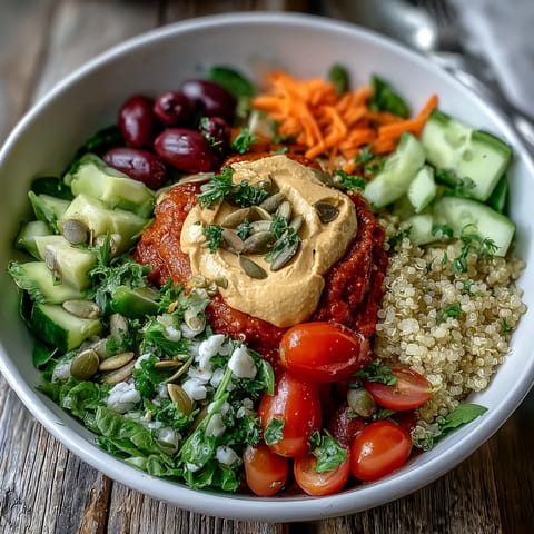 Close-up of creamy Vegan Roasted Red Pepper Hummus Buddha Bowl featuring colorful veggies and toasted pumpkin seeds.
