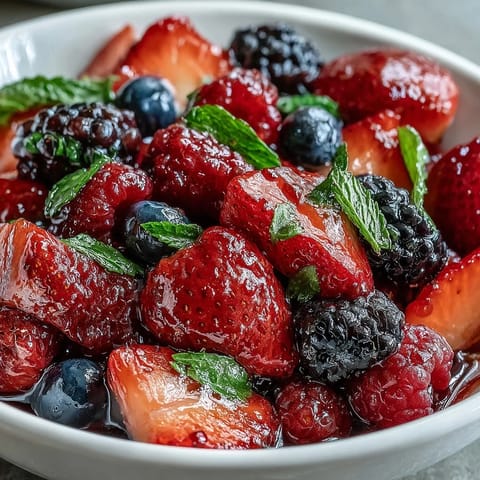 Vibrant mixed berries drizzled with honey-lemon dressing and sprinkled with fresh mint leaves in a white serving bowl.  