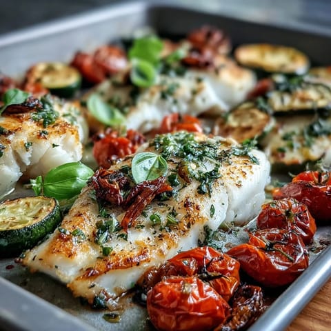 A vibrant sheet pan dinner with tender tilapia fillets, roasted zucchini, and cherry tomatoes, all infused with garlic and fresh herbs for a healthy meal.  