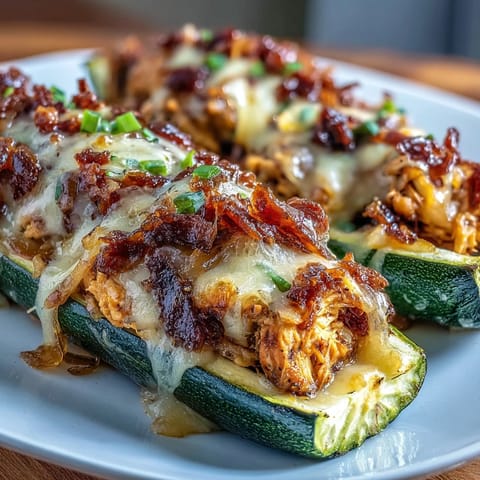 Tender zucchini boats loaded with shredded BBQ chicken, topped with gooey cheddar cheese and a sprinkle of fresh herbs.  