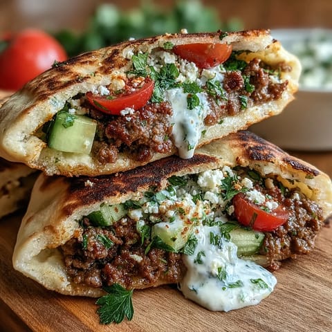 Mediterranean ground beef stuffed pita pockets filled with spiced meat, crisp veggies, and creamy yogurt sauce—perfect for a quick, satisfying dinner.
