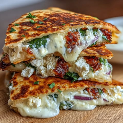 Crispy Mediterranean quesadilla filled with spinach, feta, and mozzarella, golden and melty for a satisfying vegetarian meal.  