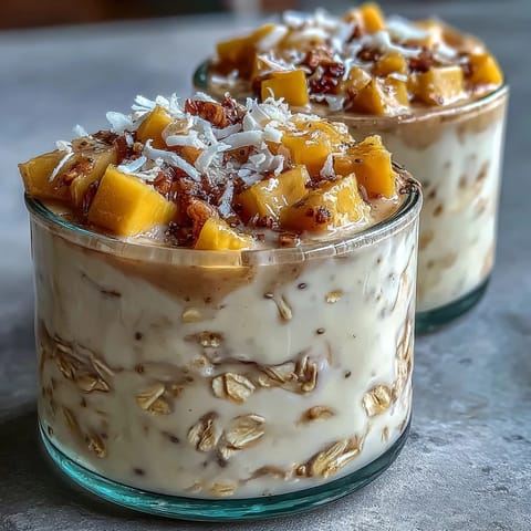 Creamy overnight oats topped with fresh mango slices and toasted coconut, perfect for a tropical breakfast treat.  