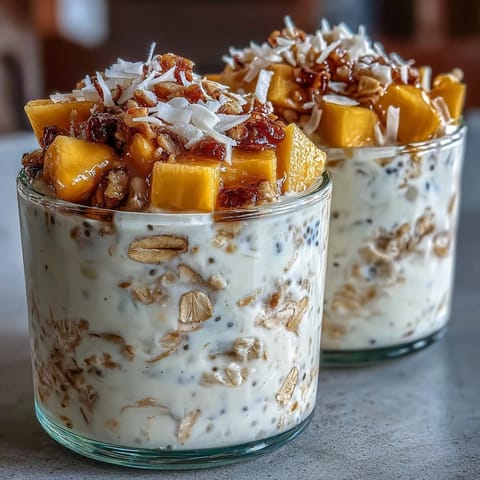 A vibrant jar of overnight oats with diced mango, shredded coconut, and a drizzle of honey for added sweetness.  