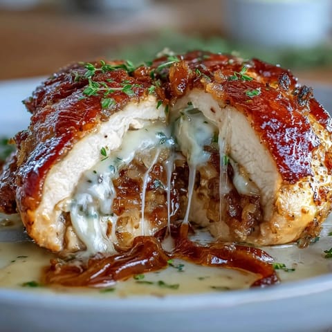 Savory chicken breasts filled with rich, sweet caramelized onions and topped with bubbly melted cheese, served hot from the oven.  