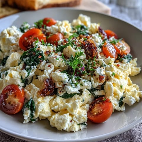 Wholesome cottage cheese egg scramble with vibrant bell peppers, spinach, and juicy cherry tomatoes.