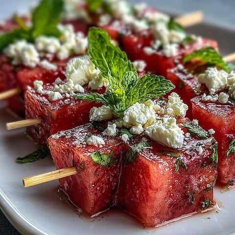Juicy watermelon and creamy feta cubes threaded onto skewers with fresh mint for a refreshing summer appetizer.  