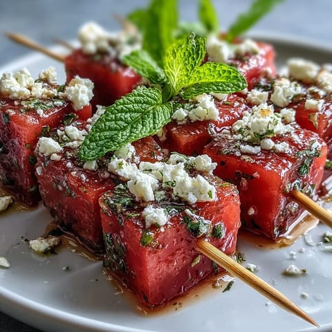 Vibrant skewers featuring sweet watermelon, tangy feta, and aromatic mint, drizzled with olive oil and balsamic glaze.  