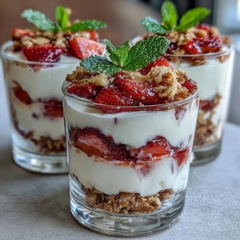 Mini strawberry yogurt parfaits in shot glasses, layered with creamy Greek yogurt, fresh strawberries, and crunchy granola for a delightful bite-sized dessert.