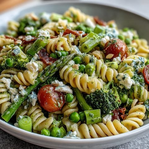 A vibrant spring garden pasta salad with broccoli and peas, tossed in zesty lemon-herb dressing for a fresh, healthy meal.  