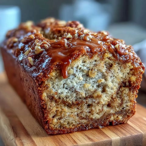 Moist banana bread baked with tangy sourdough discard, crunchy walnuts, and a sweet cinnamon sugar topping.