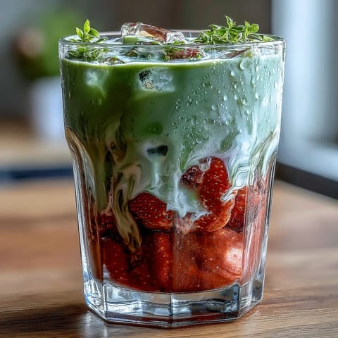 Refreshing strawberry matcha latte featuring fresh strawberry puree, creamy vanilla sweet cream, and earthy matcha in a tall glass.  