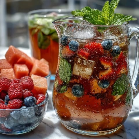 A colorful lemonade bar with pitchers of fresh lemonade surrounded by bowls of sliced fruits and herbs for DIY summer drinks.