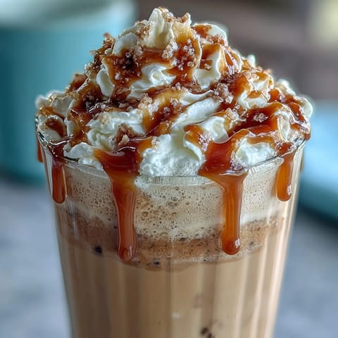 Creamy vanilla bean frappuccino topped with whipped cream and caramel drizzle, served in tall glasses with straws.