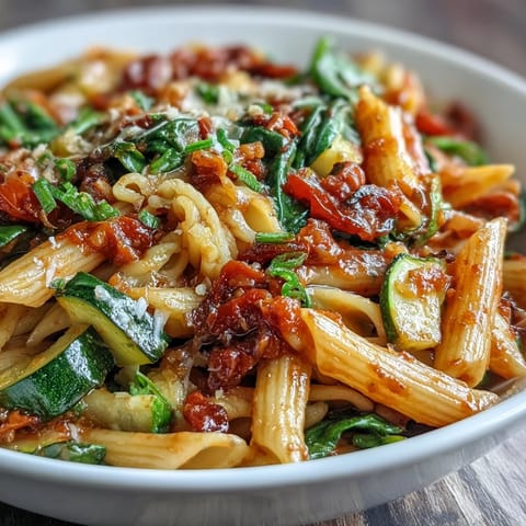 A hearty one-pot pasta with penne, zucchini, and bell pepper simmered in savory tomato broth.  