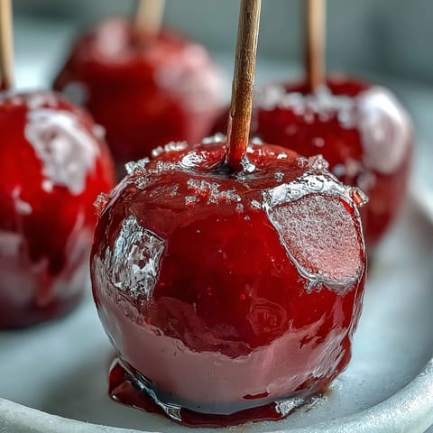 Mini candy apples on sticks with glossy red coating and wooden handles, ideal for festive dessert tables.
